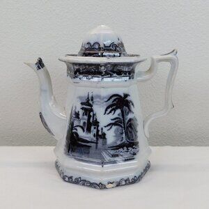 E Challinor Calcutta Black Transferware Ironstone Coffee Pot Antique FLAW